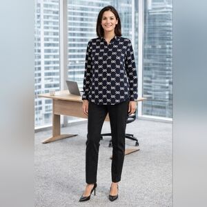 Cotton Button Up Career Blouse Women's L Long Sleeve Black Tan Soft Comfy